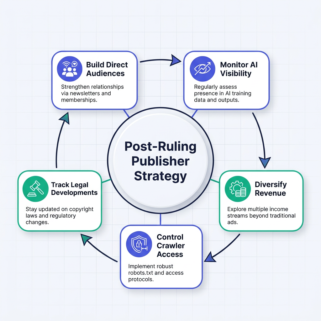 Mindmap infographic showing five publisher strategies after AI Overviews lawsuit dismissed