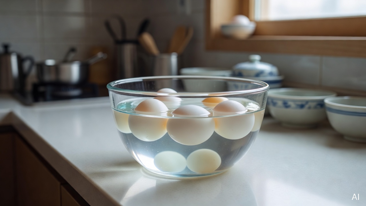 eggs floating test in a glass bowl of water on a kitchen counter