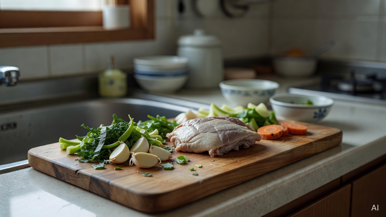 slightly discolored meat and vegetables on a kitchen cutting board
