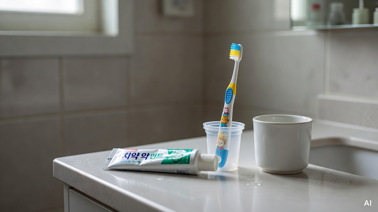 toothpaste on a bathroom countertop next to a child's toothbrush and a cup
