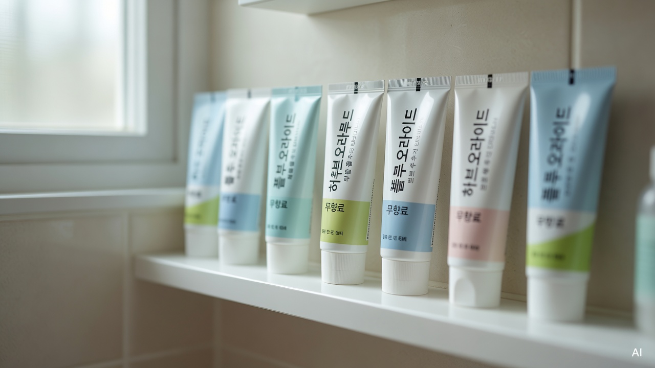 several toothpaste tubes with ingredient labels visible, arranged on a bathroom shelf