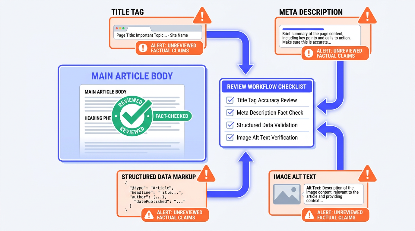 Architecture diagram of four fact-checking zones beyond body copy in AI content