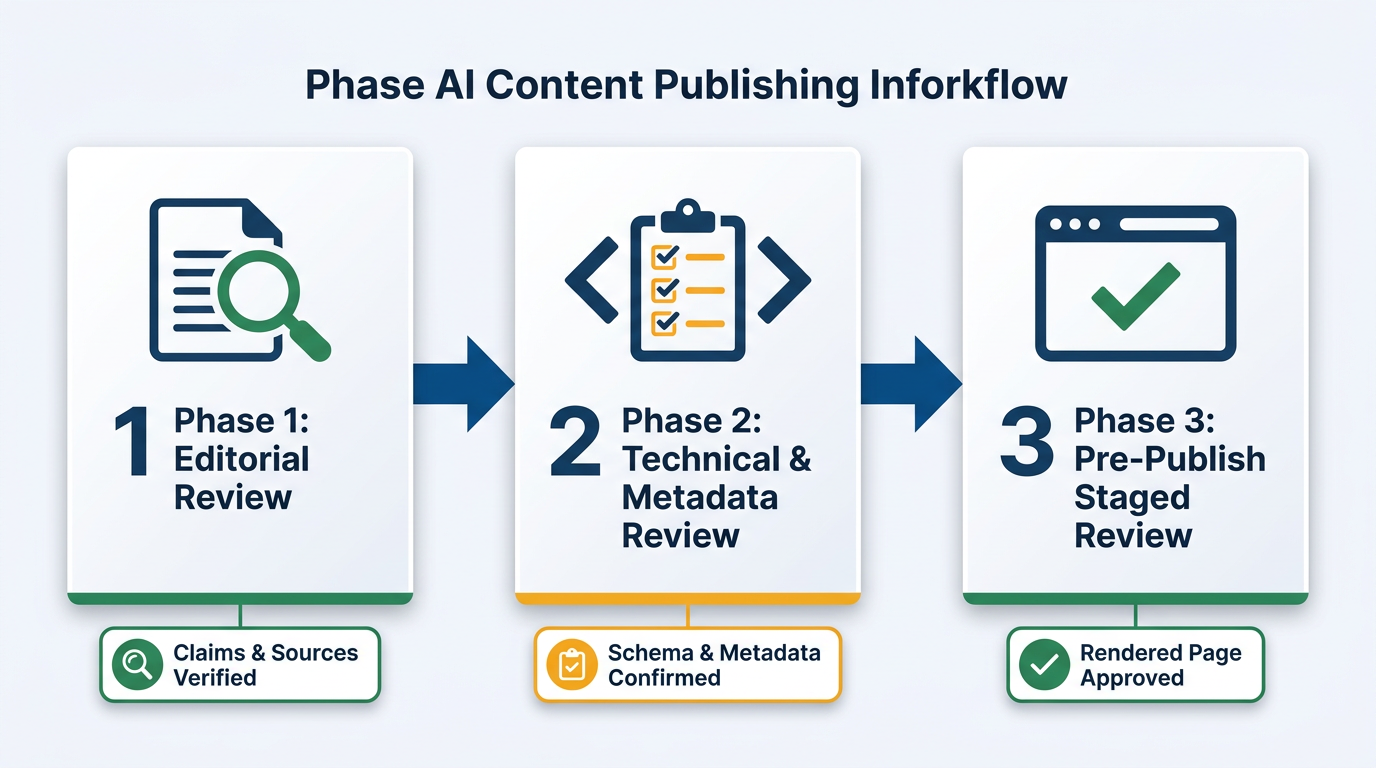 Three-phase AI content publishing workflow diagram for fact-checking review