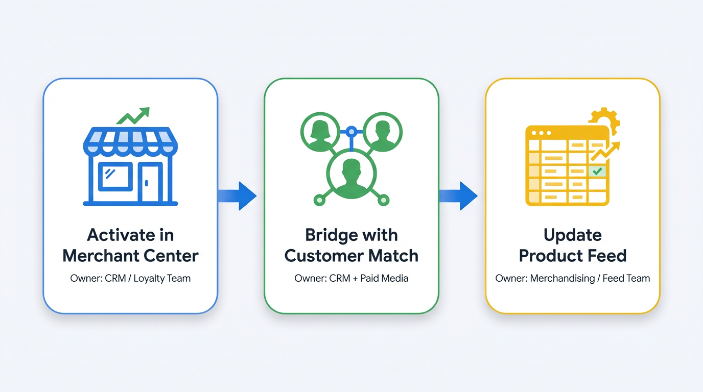 Three-phase flowchart for connecting loyalty program to merchant center AI surfaces