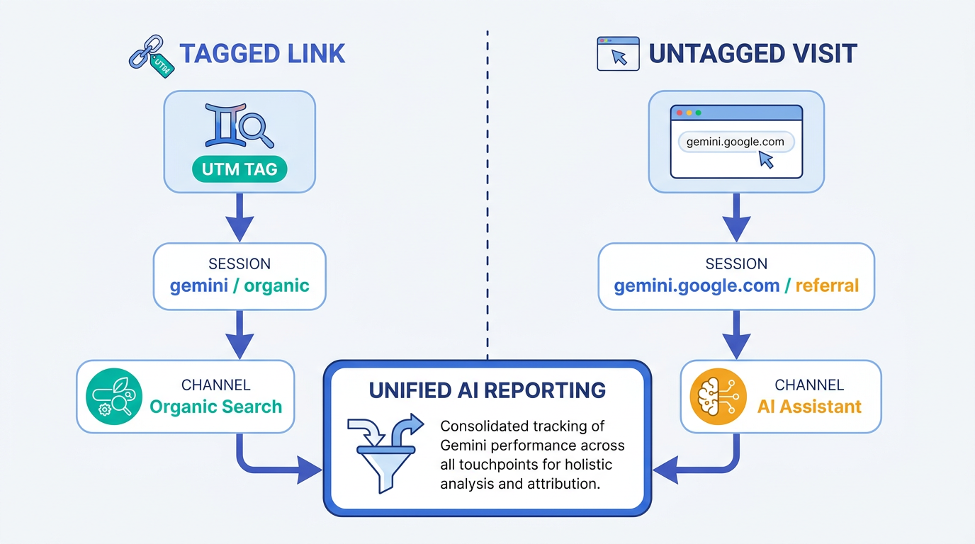 Side-by-side diagram showing tagged vs untagged Gemini UTM parameter tracking paths in GA4