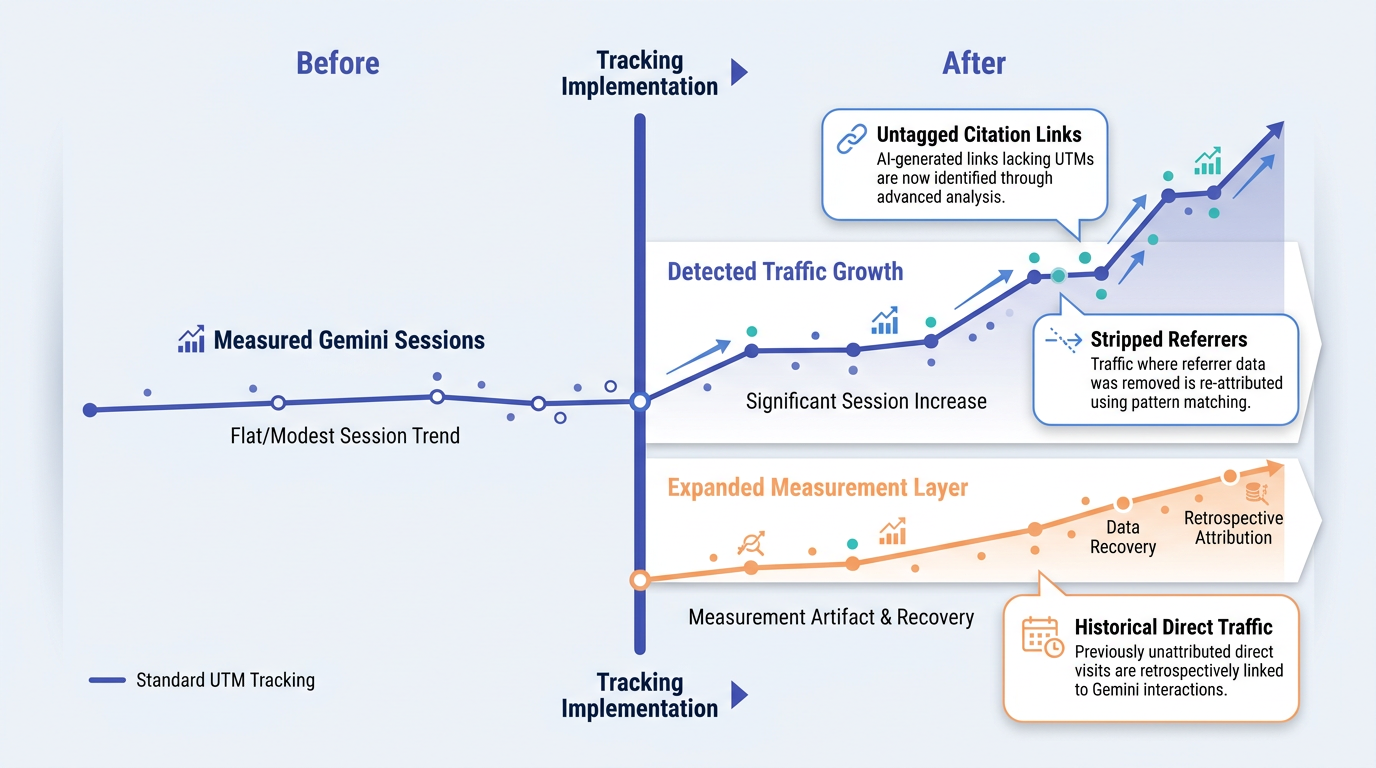 Timeline infographic showing Gemini UTM tracking implementation and AI traffic attribution split
