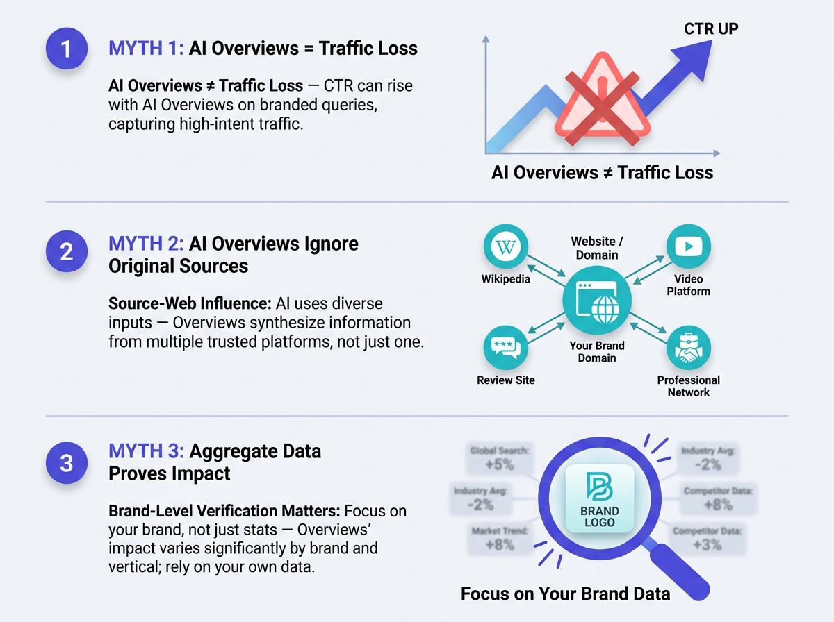 Infographic debunking three misconceptions about AI Overviews on branded queries