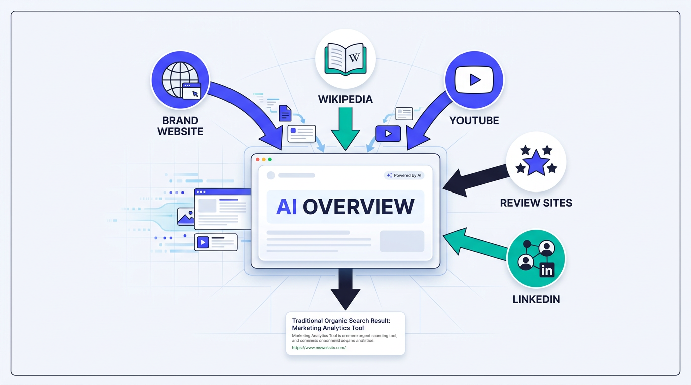 Architecture diagram of sources feeding into a branded AI Overview result