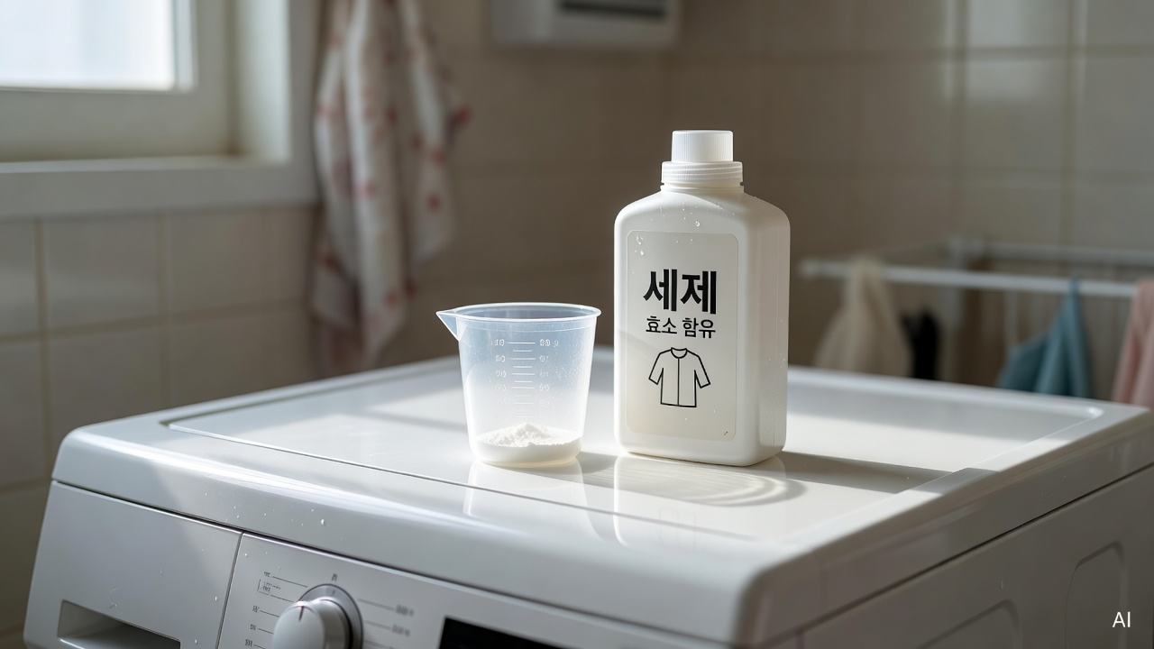 laundry detergent bottle and measuring cup on white washing machine top