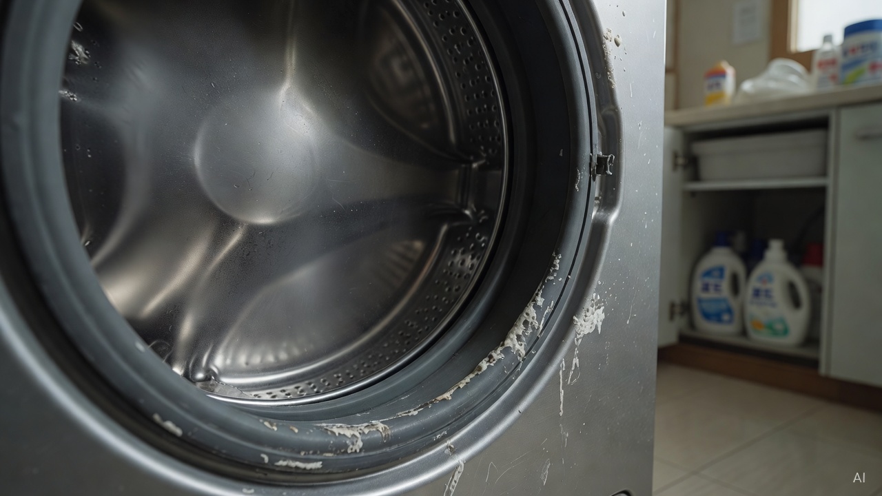 close-up of washing machine drum interior with detergent residue around rubber seal