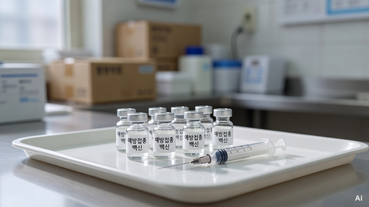 small vaccine vials and syringe arranged on a white medical tray