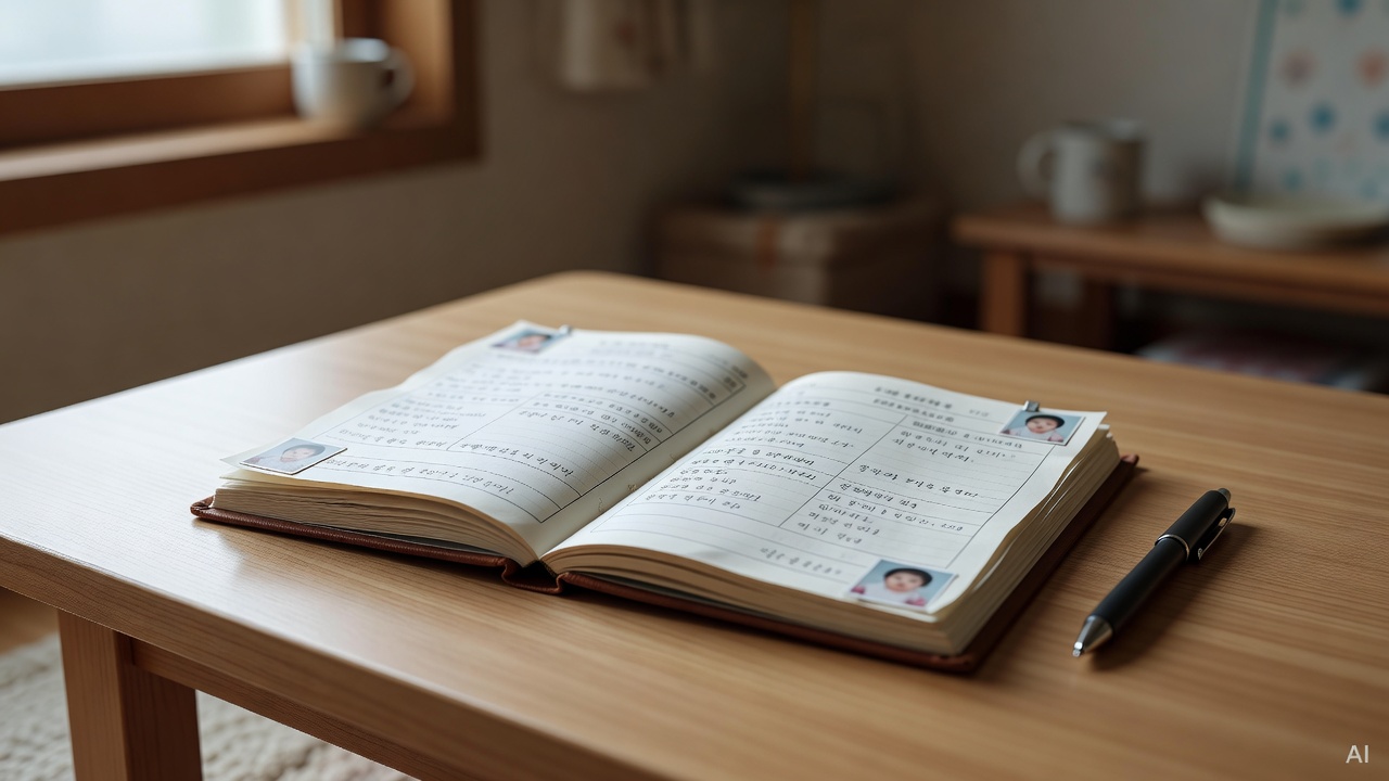 child's medical record booklet open on a wooden table with a pen beside it