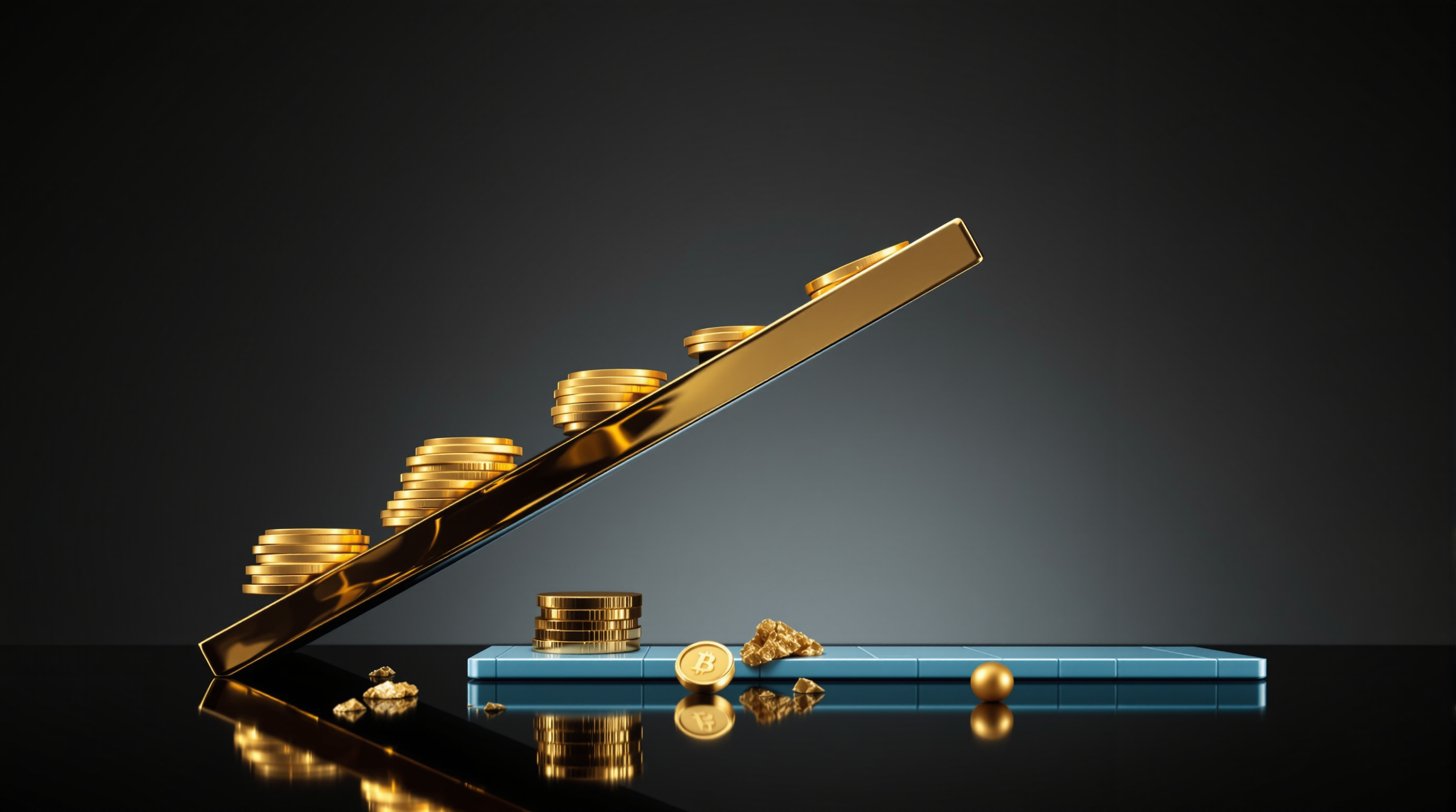abstract financial still life — polished gold bullion, stacked coin discs, a flat silver-blue tile (tech proxy), a matte gold nugget and a small glass — editorial cover artwork for the Knightron story on Equities Diverge As Dow Surges, Crypto Rallies On Macro Beta