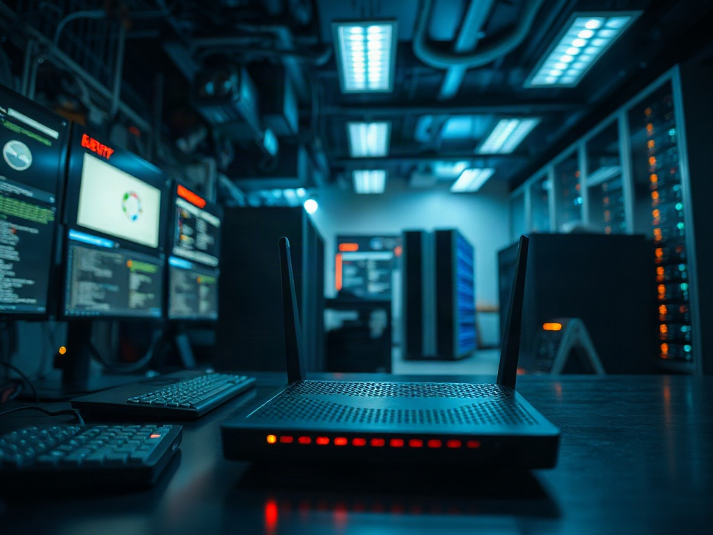 Illustration of a router with firmware update icon highlighting security vulnerability fixes for self-hosting enthusiasts