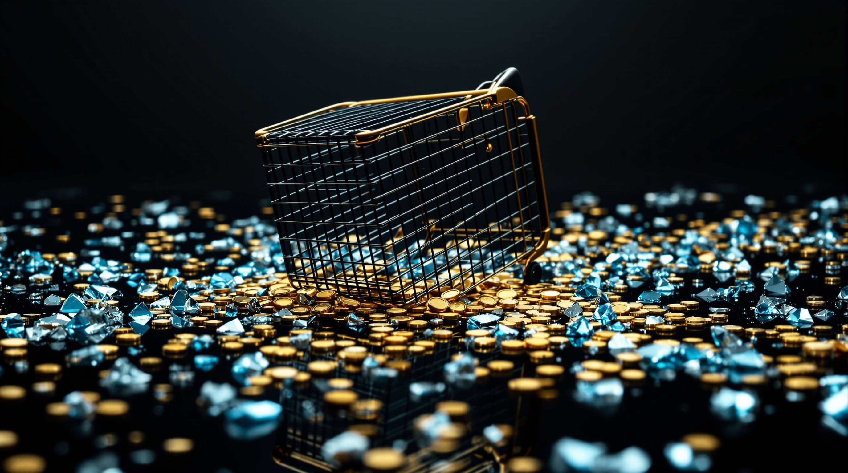 tipped premium supermarket shopping cart (matte black body, polished gold trim) on a glossy black floor, surrounded by broken tempered silver-blue gla — editorial cover artwork for the Knightron story on Carrefour Shares Plunge 12% As French Unrest Forces Profit W
