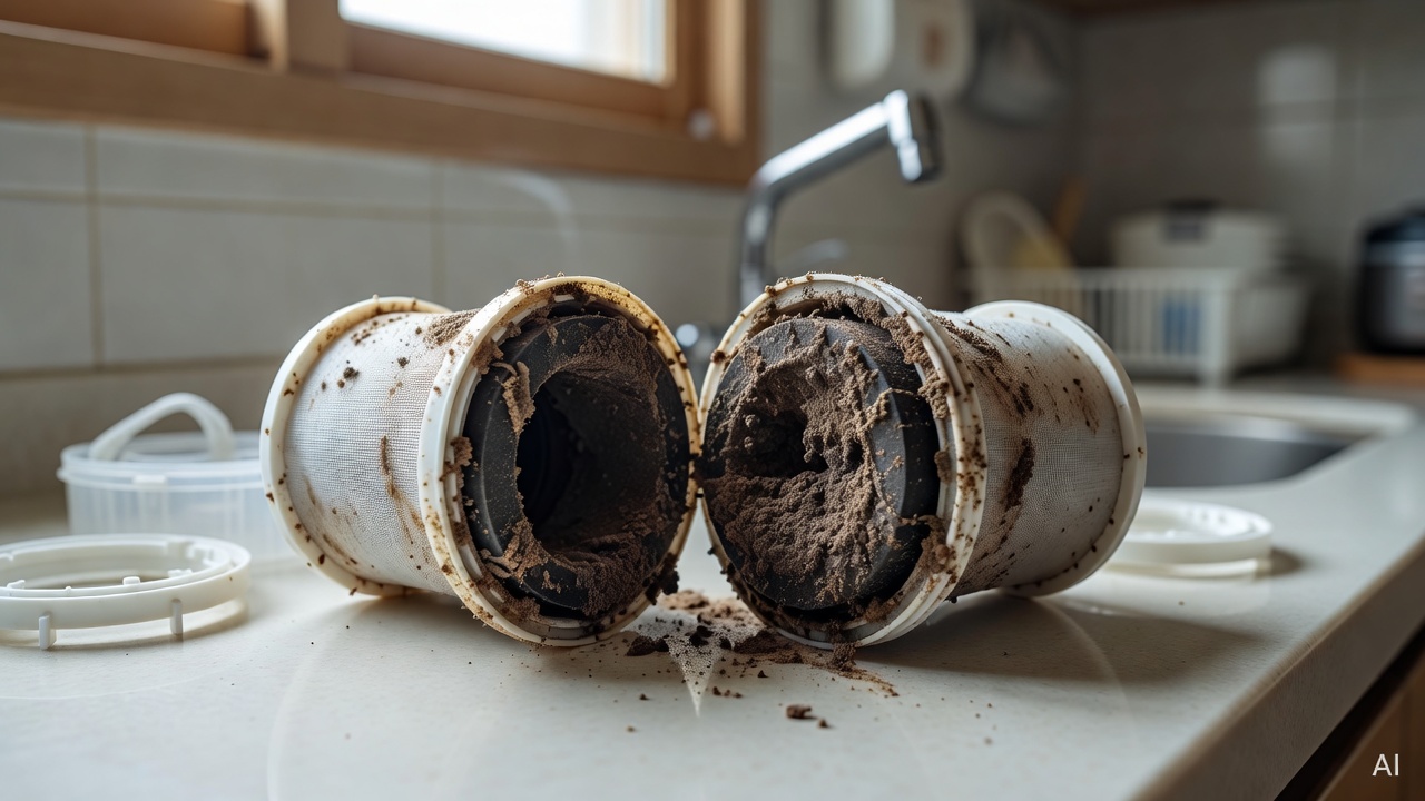 disassembled water purifier filter showing dark brown sediment buildup inside
