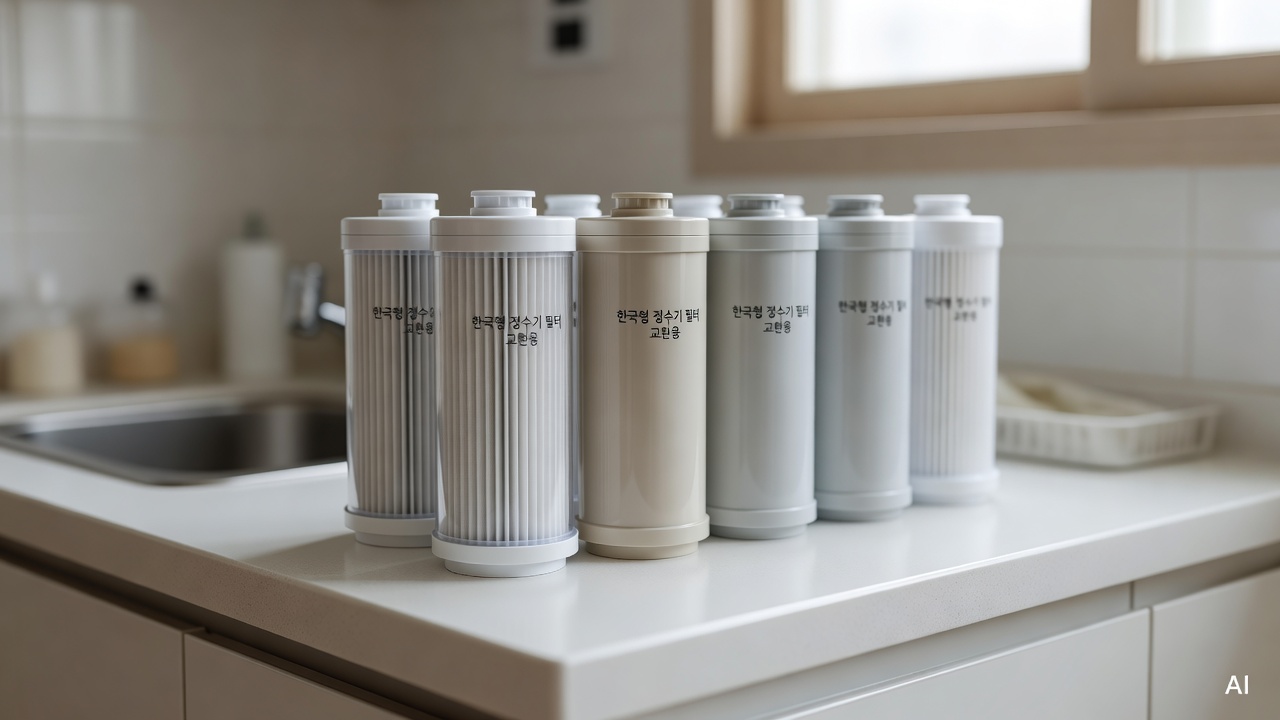 close-up of multiple water filter cartridges lined up on a white kitchen counter