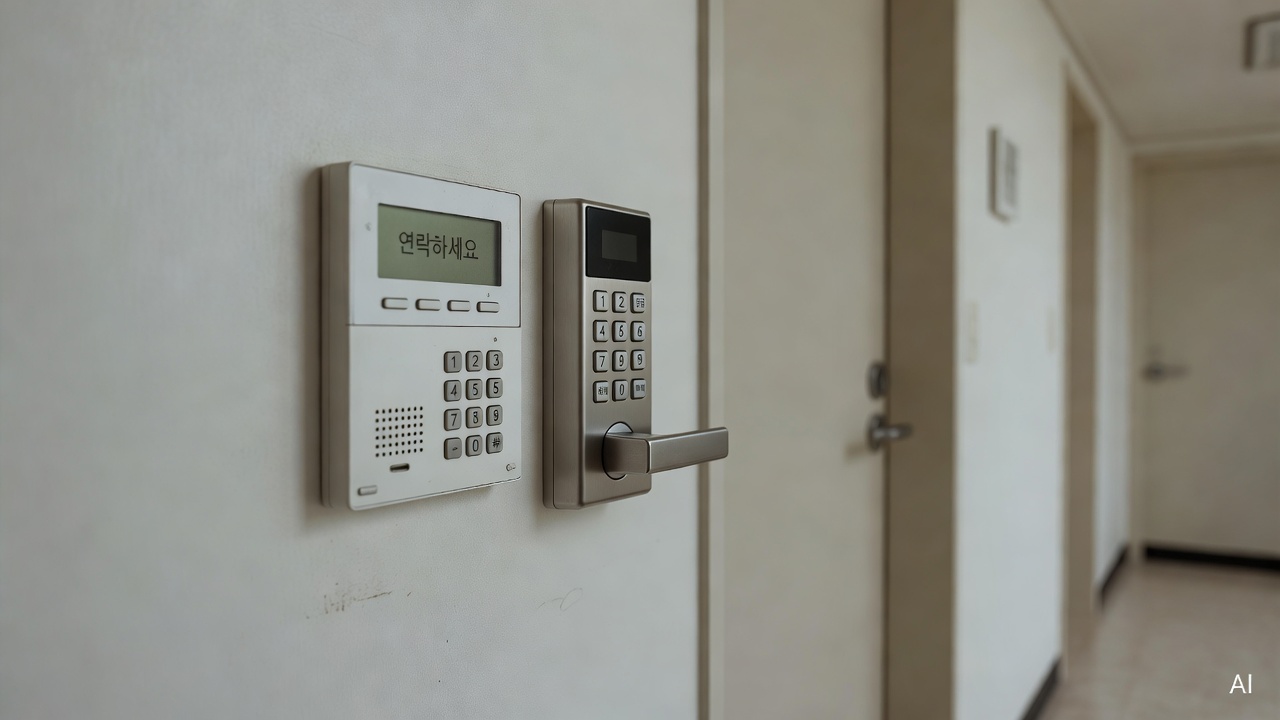 apartment intercom panel and keypad lock on a residential hallway wall