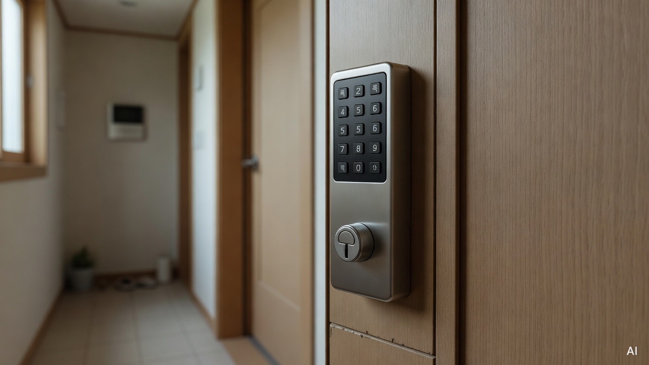 close-up of a digital door lock keypad and cylinder lock on a front door