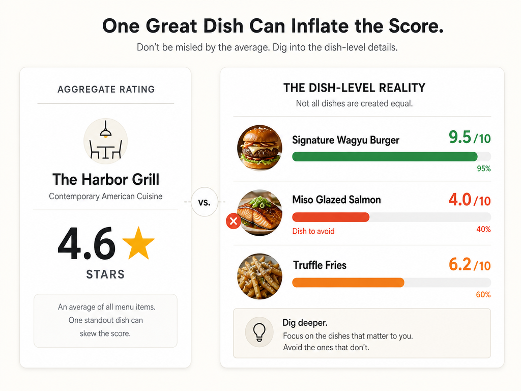 Comparison chart showing a 4.6-star restaurant aggregate rating versus specific dish scores ranging from 4.0 to 9.5 out of 10.