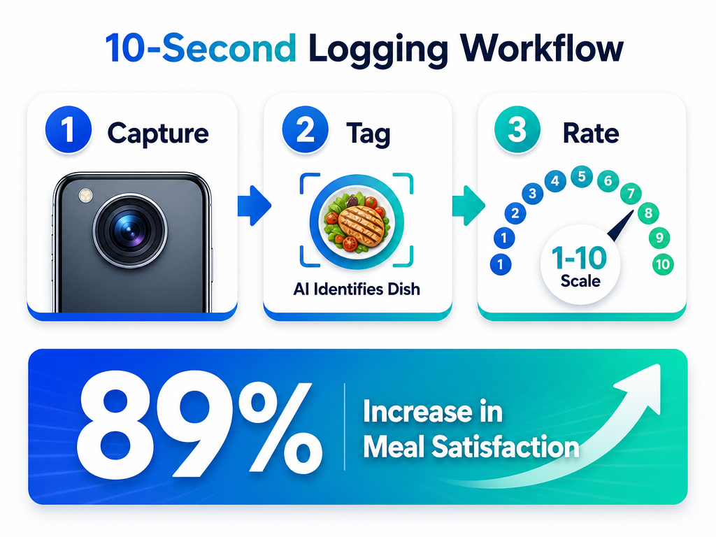 A three-step workflow diagram for logging dishes: Capture, Tag, and Rate, highlighting an 89 percent increase in meal satisfaction.