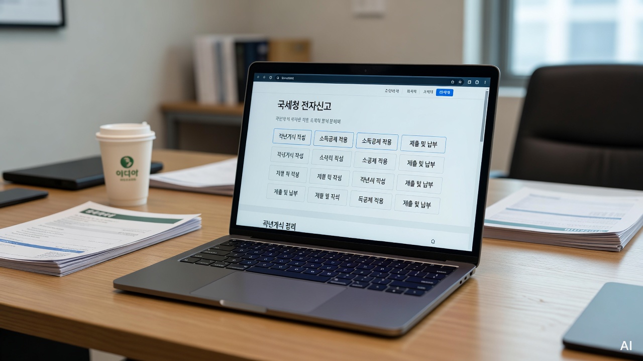 laptop screen showing Korean tax filing website homepage on a desk