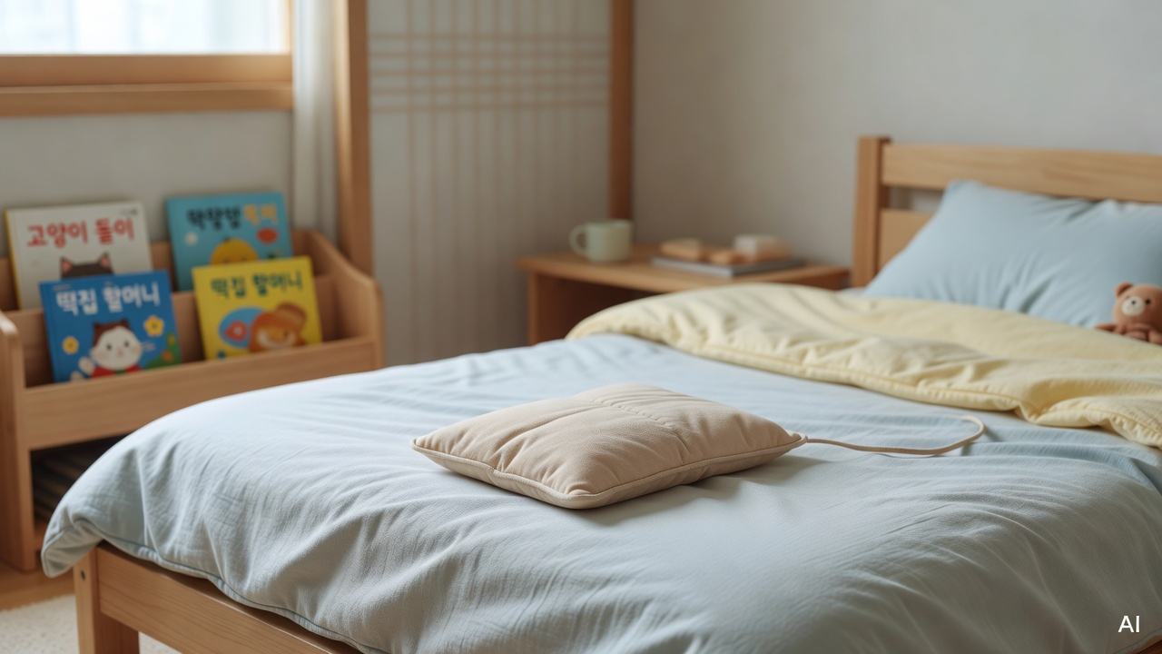 small heating pad placed on a soft fabric surface near a children's bed