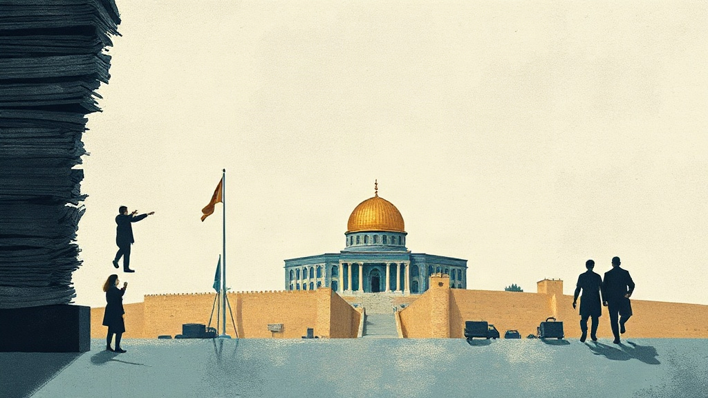 Illustration abstraite d’un journal et de documents d’enquête face à la Knesset à Jérusalem