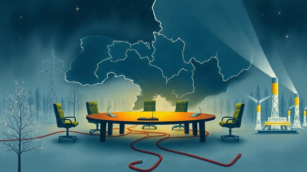 Illustration abstraite d’une carte fragmentée de l’Ukraine autour d’une table diplomatique, avec des infrastructures énergétiques et un paysage hivernal.