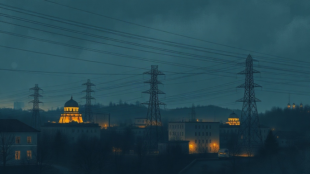 Illustration abstraite de Kiev plongée dans la nuit après des frappes visant ses infrastructures énergétiques.