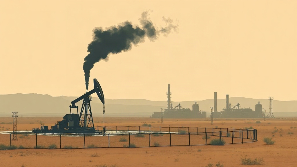 Illustration abstraite d’un puits pétrolier endommagé dans le désert d’Agadem au Niger, sous surveillance industrielle.