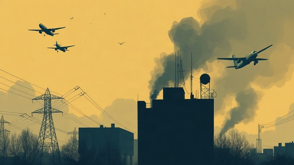 Illustration abstraite de bâtiments et d’infrastructures énergétiques endommagés à Kyiv et Kharkiv après des frappes aériennes