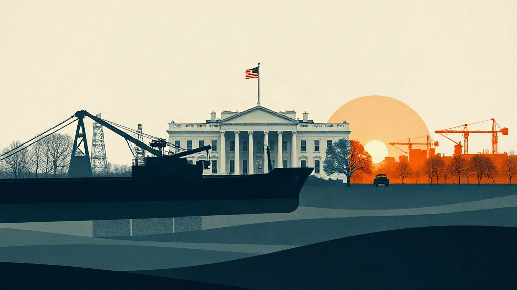 Illustration abstraite montrant les institutions américaines confrontées à des flux de diesel russe et aux tensions liées à l’Ukraine.