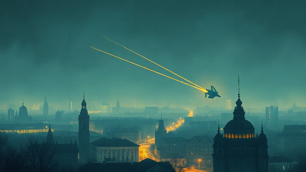 Illustration abstraite de Kyiv sous tension, avec des arcs radar et des trajectoires lumineuses évoquant une alerte tardive.