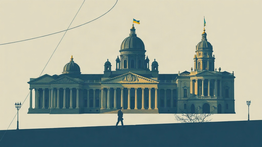 Illustration abstraite représentant les institutions ukrainiennes et la tension entre renseignement et contrôle civil.