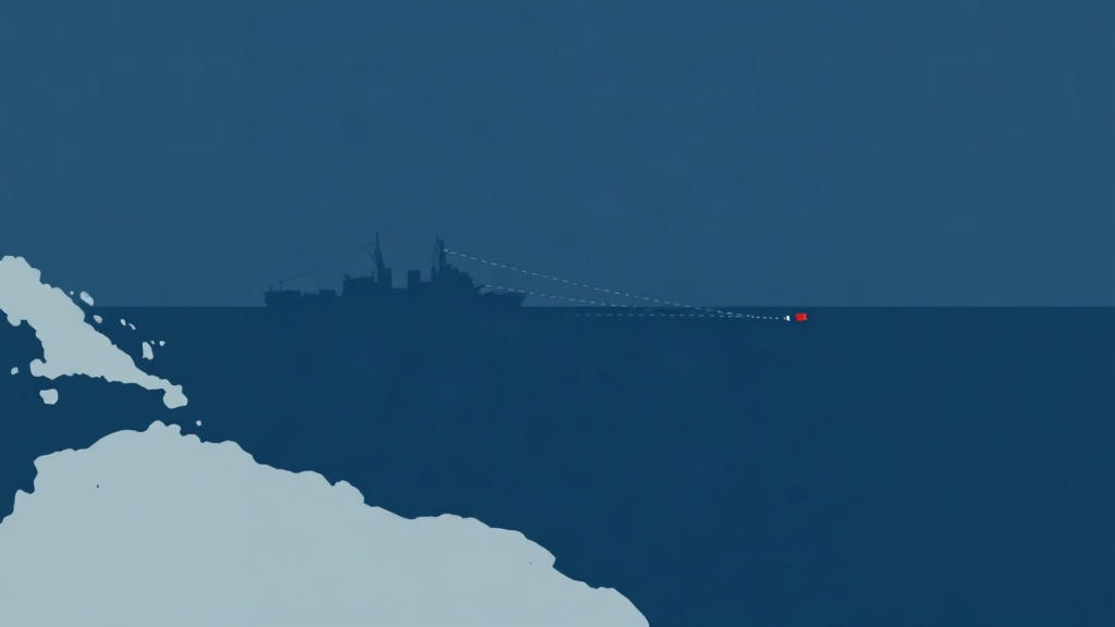 Illustration abstraite d’une frégate française surveillant les routes maritimes entre la Martinique, les Caraïbes et l’Atlantique.