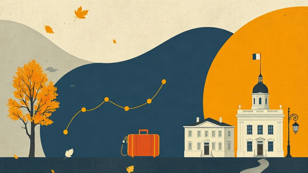 Illustration abstraite de choix budgétaires entre carburant, valise et destination de proximité en France.