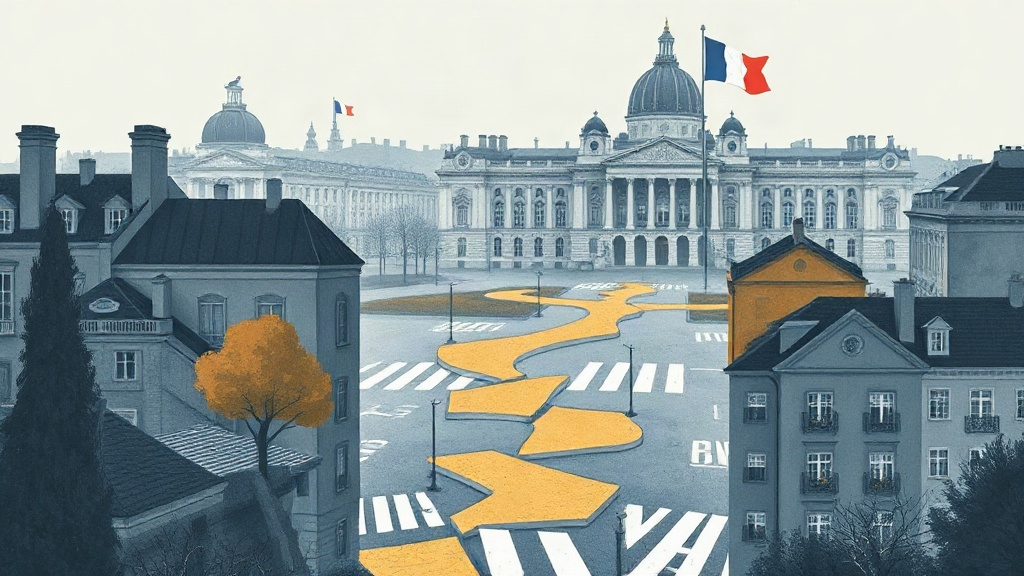 Illustration abstraite d’une mobilisation de jeunes devant des institutions françaises, évoquant la défiance politique et les revendications sociales.
