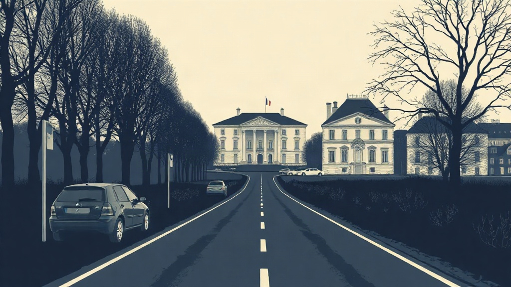 Illustration abstraite d’une route française reliant une voiture, une mairie et l’Assemblée nationale autour du débat automobile.
