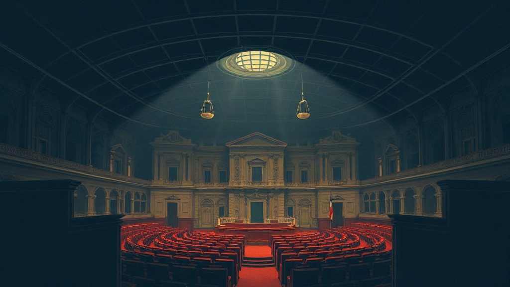 Illustration abstraite de l’Assemblée nationale française entourée de documents budgétaires et d’une balance symbolisant les tensions politiques.