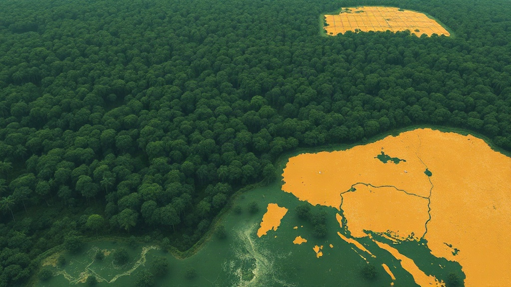 Vue aérienne abstraite de l’Amazonie brésilienne montrant le contraste entre forêt préservée et zones déboisées.