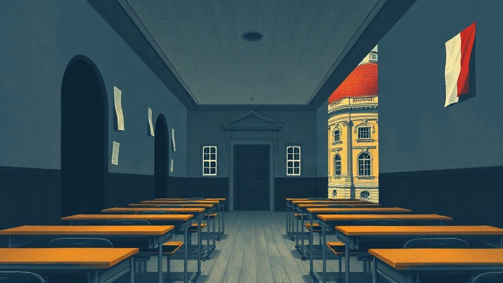 Illustration abstraite représentant un lycée français relié à l’Élysée et à l’Assemblée nationale autour du budget 2027.
