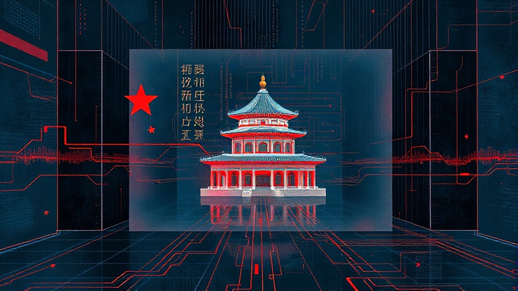 Illustration abstraite d’un centre de données chinois séparé de flux numériques internationaux par une barrière réglementaire