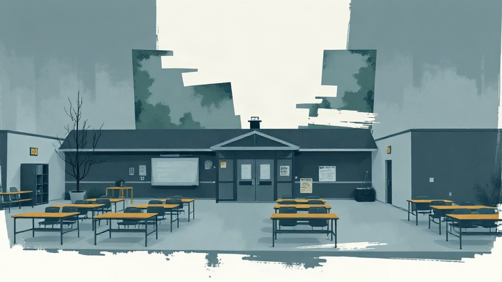 Illustration abstraite d’une école élémentaire de Bend, en Oregon, après une attaque, avec des formes géométriques évoquant la protection et l’intervention d’urgence.