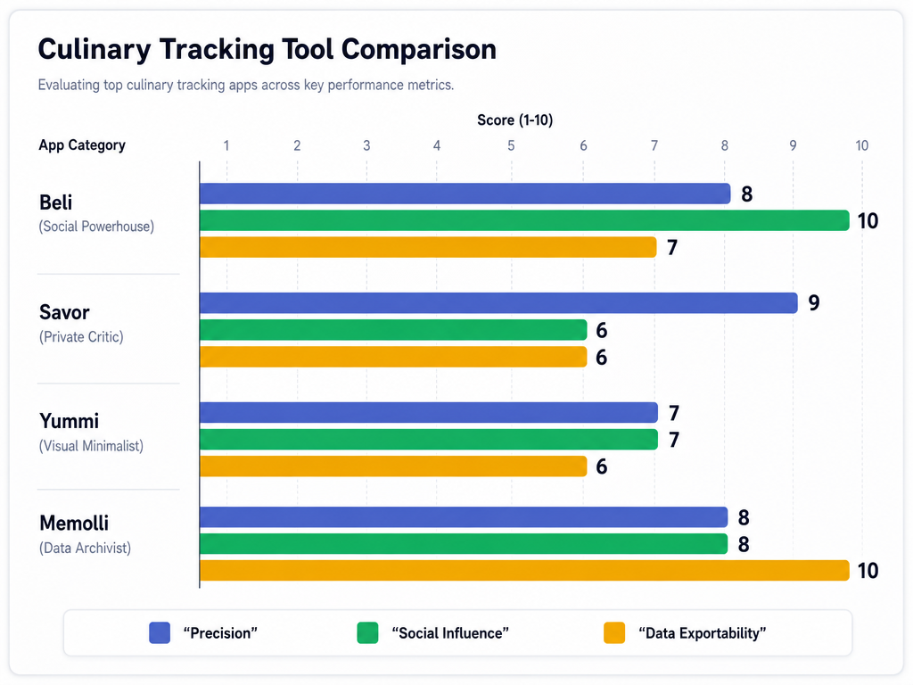 A bar chart comparing Beli, Savor, Yummi, and Memolli apps on metrics of precision, social influence, and data exportability for foodies.
