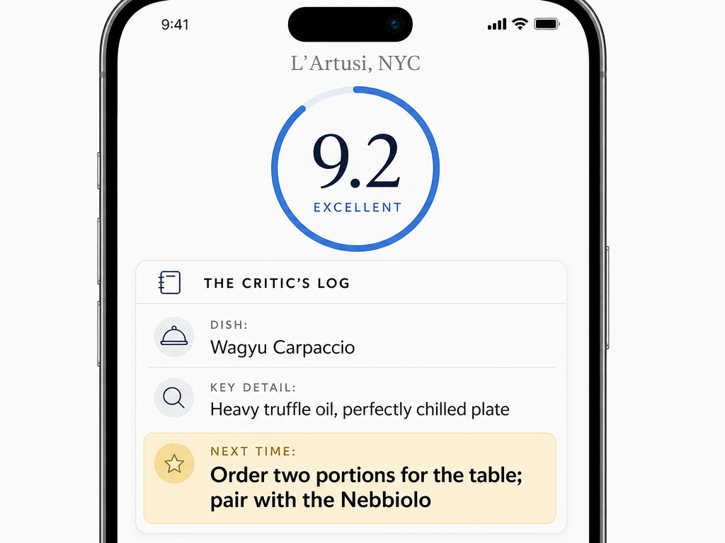 A mobile UI mockup showing a 9.2 rating for a specific dish, including a highlighted Next Time note for future dining instructions.