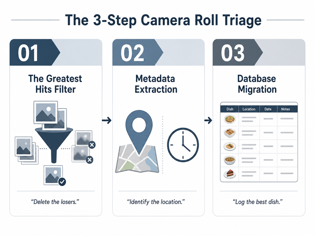 A three-step process diagram for organizing a cluttered camera roll into a structured restaurant database using triage and metadata.