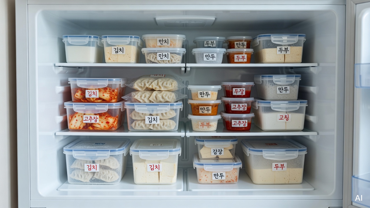 clean and organized freezer interior with food stored in sealed containers, viewed from the front