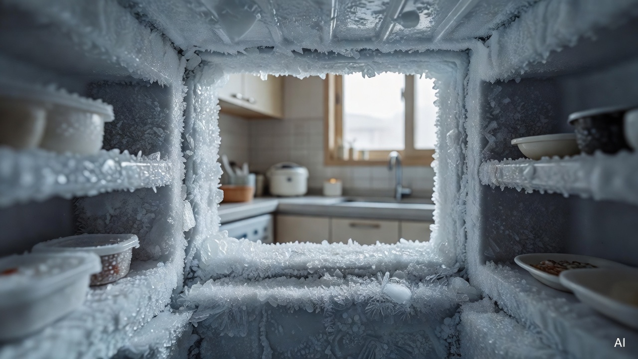 frost-covered freezer interior with thick ice buildup on the walls, inside a home kitchen