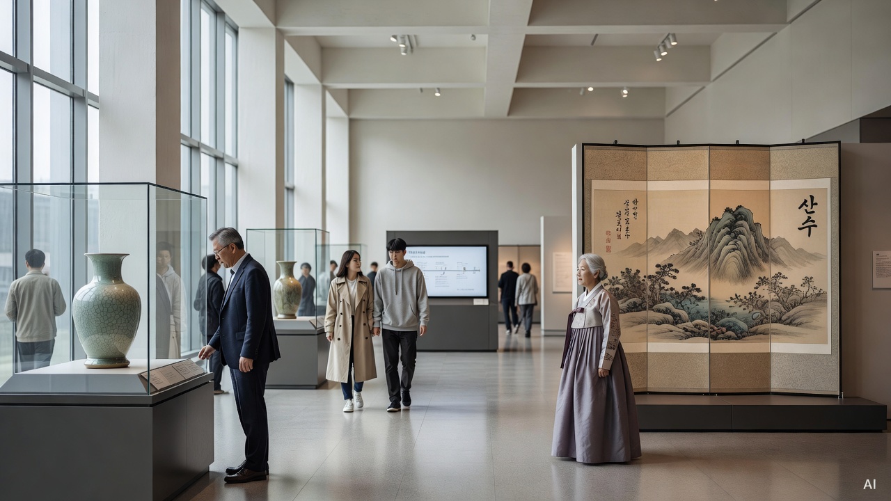 interior of a spacious Korean museum hall with exhibits, visitors walking inside
